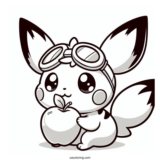 Adorable Pichu Coloring Page Wearing Goggles And Biting An Apple