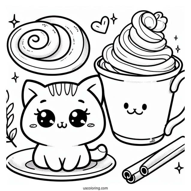 Kawaii Cat In Coffee Coloring Pages Cup With Whipped Cream And Cinnamon Rolls