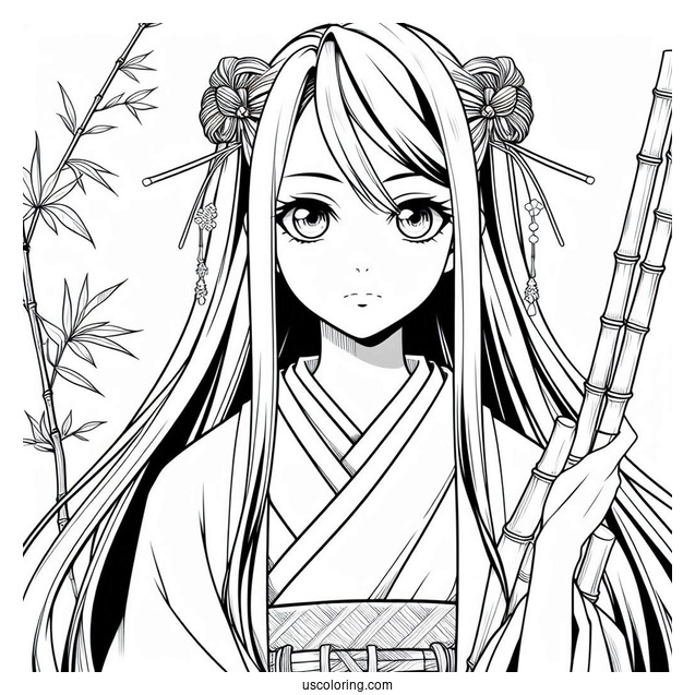 Detailed Nezuko Coloring Page With Bamboo
