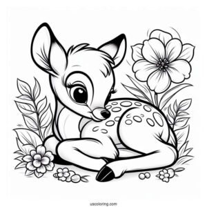 Detailed Coloring Sheet Of Bambi With Flower And Violet