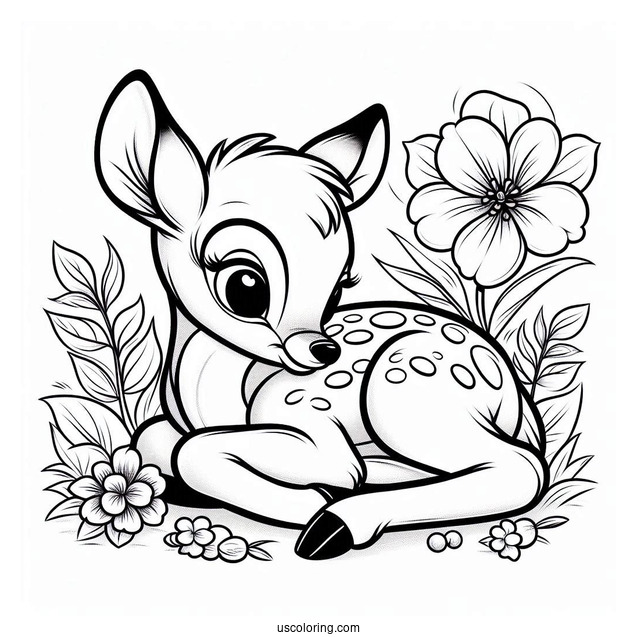 Detailed Coloring Sheet Of Bambi With Flower And Violet