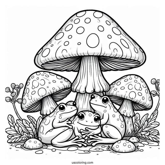 Frogs Sheltering Under A Mushroom Coloring Page