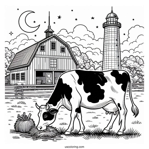 Cow Grazing In Front Of Farm Barn