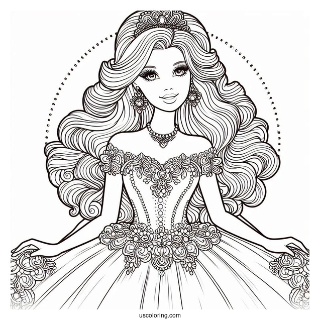 Princess Barbie In Gown Coloring Page