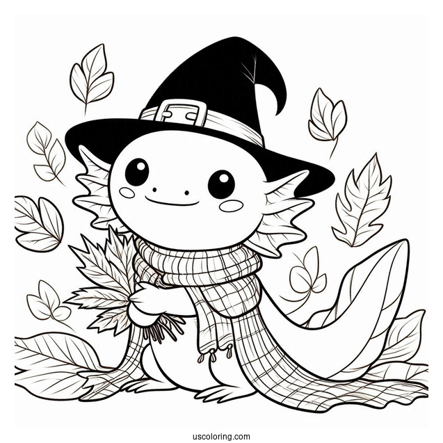Axolotl Coloring Page Dressed As A Pilgrim In Autumn
