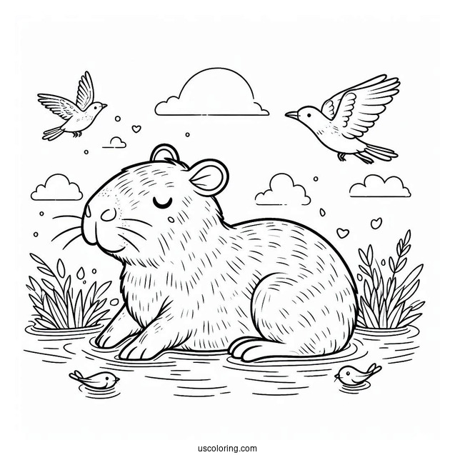 Kawaii Capybara Coloring Page Swimming With Birds For Kids