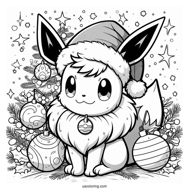 Pokemon Christmas Coloring Page Eevee Wearing Santa Hat With Christmas Baubles In The Background
