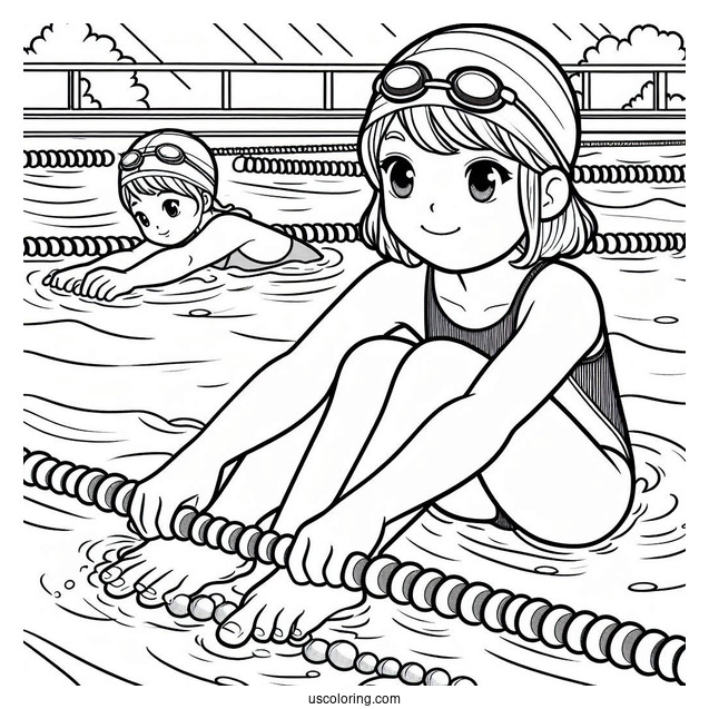 Swimming Coloring Page Of Children Holding Onto Lane Lines While Paddling Feet
