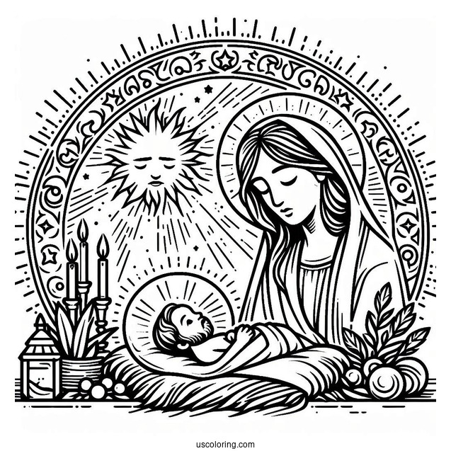 Birth Of Jesus With Virgin Mary Coloring Page