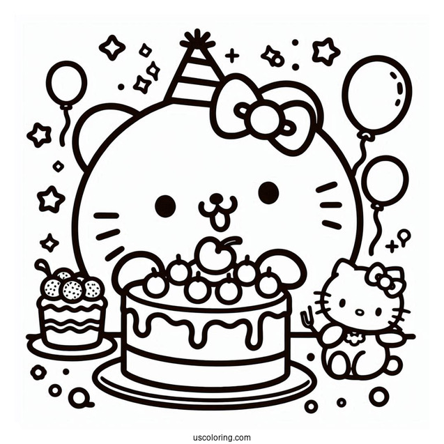 Pompompurin Eating Cake With Hello Kitty Coloring Sheet