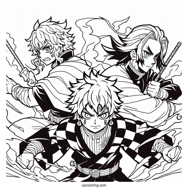 Tanjiro Coloring Page Fighting Alongside Zenitsu Agatsuma And Inosuke Hashibira