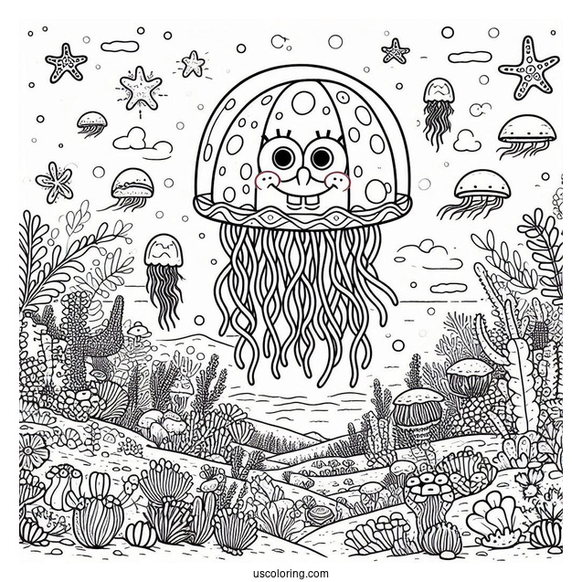 SpongeBob Coloring Page Jellyfish In Jellyfish Fields