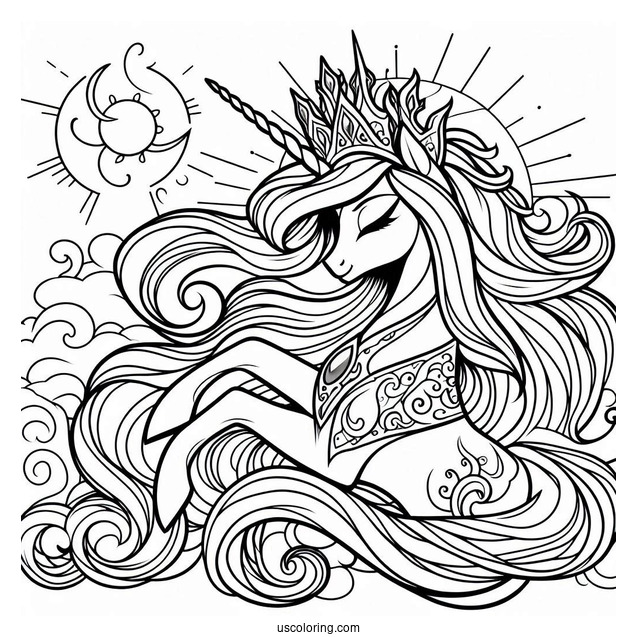 Princess Celestia Coloring Page With Flowing Mane In The Sky