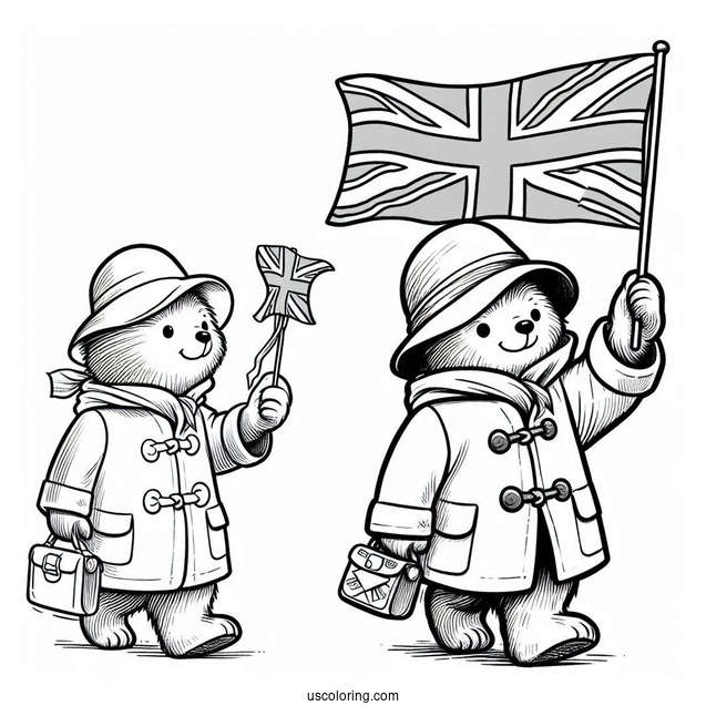 Simple Paddington Coloring Page Waving The British Flag While Walking