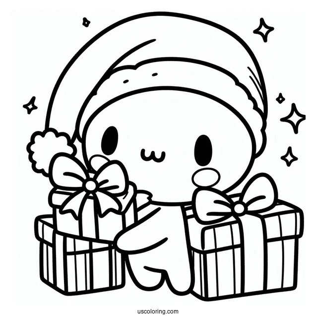 Easy Pochacco Coloring Page In Santa Hat Holding Christmas Present