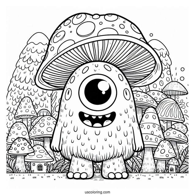Grinning Monster Standing In Front Of Mushroom Coloring Page Of Houses