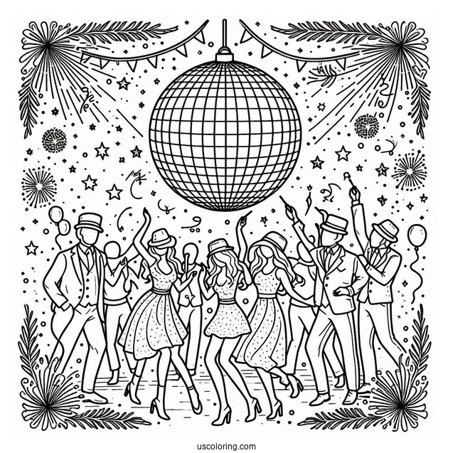 New Year Coloring Page Of Party With Disco Ball Over The Dancers