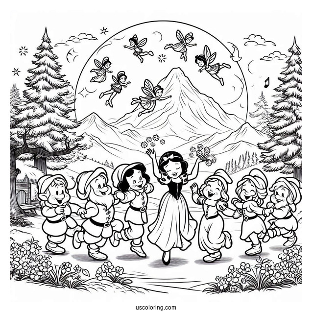 The Seven Dwarves Dancing Around Snow White Coloring Pages