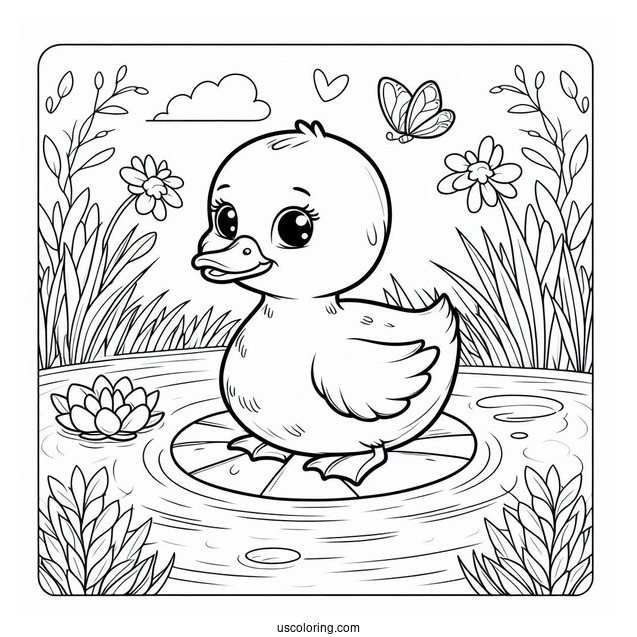 Peaceful Duck on Lily Pad in Pond Coloring Sheet For Preschoolers