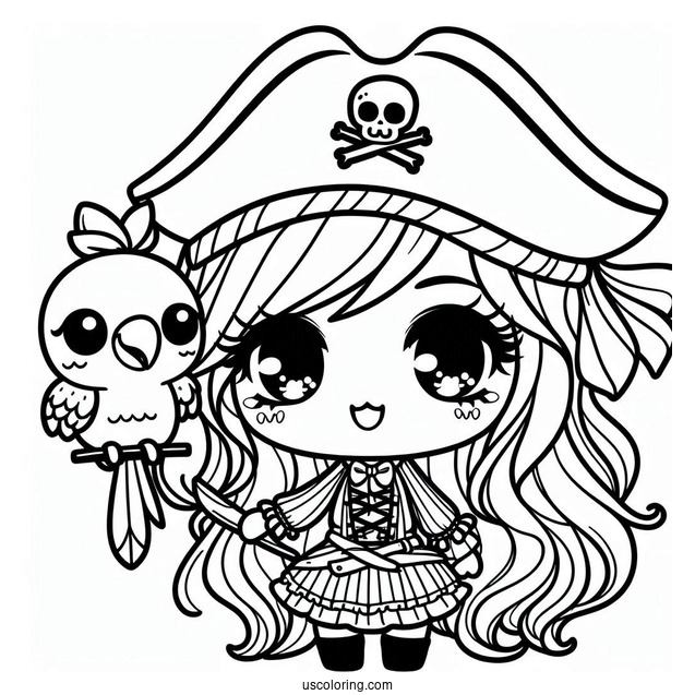 Kawaii Female Pirate Coloring Page With A Parrot For Preschoolers