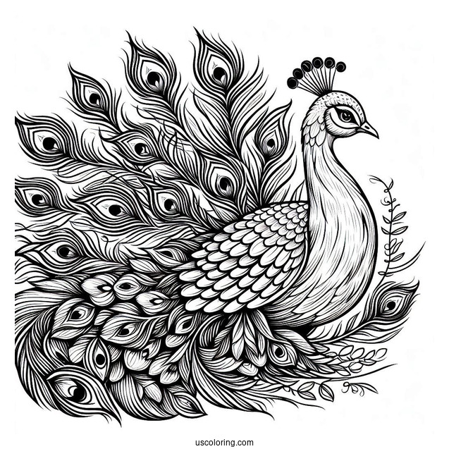 Side Profile Of Peacock Coloring Page With Fanned Feathers