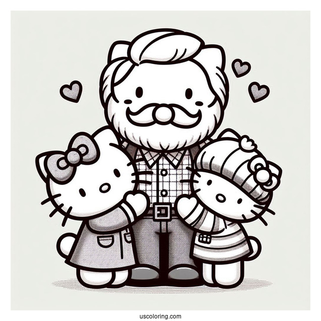 Hello Kitty And Mimmy Hugging George Papa White On Father's Day Coloring Page