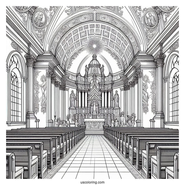 Detailed Interior Of A Catholic Church Coloring Page