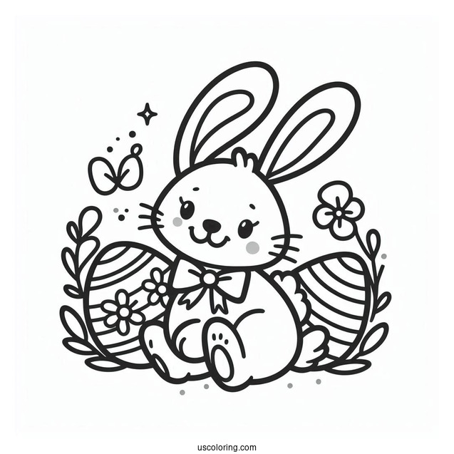 Simple Easter Bunny Coloring Page Outline With Cartoon Eggs