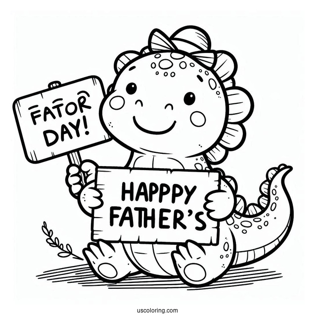 Father's Day Coloring Page Of Cute Dinosaur Holding A Happy Father's Day Sign For Kids