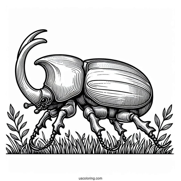 Detailed Hercules Beetle Coloring Page On The Grass