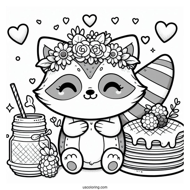 Kawaii Raccoon Coloring Page With Flower Crown And Pancake For Kids