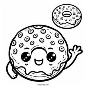 Smiling Cartoon Donut Coloring Page Waving Hand For Kids