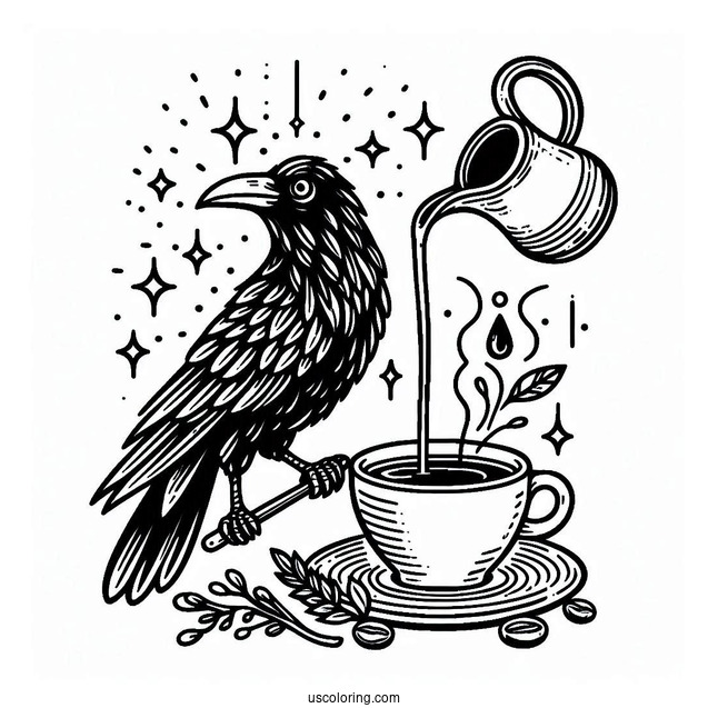 Raven Coloring Page Adding Syrup To Coffee