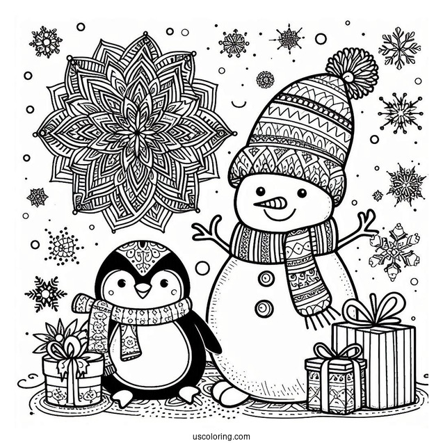 Snowman, Penguin, And Presents In Front Of Christmas Mandala Coloring Page