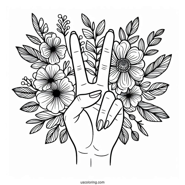 Easy Hands Holding Up A Floral Peace Coloring Page