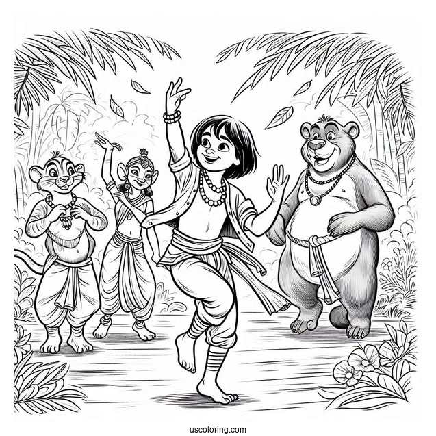Jungle Book Coloring Page Of Mowgli Dancing With Shanti, Ranjan, Baloo, King Louie, And Kaa