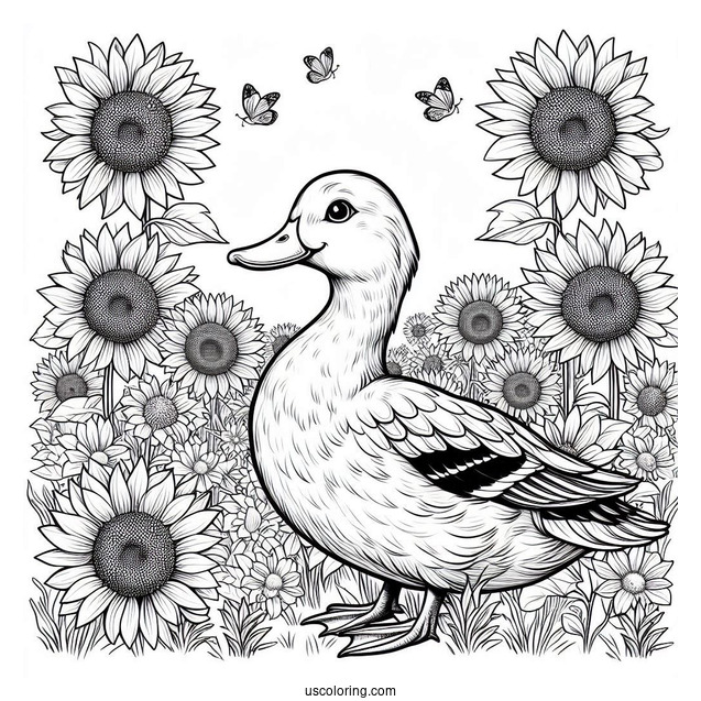 Realistic Duck in a Field of Sunflowers