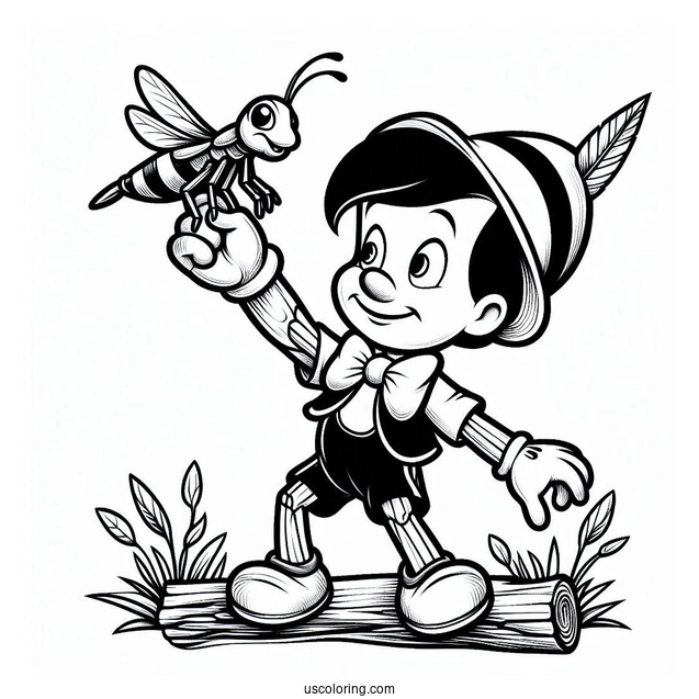 Pinocchio Coloring Page Holding Up Jiminy Cricket On His Elbow