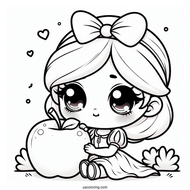 Adorable Chibi Snow White Coloring Pages Staring At An Apple For Preschoolers