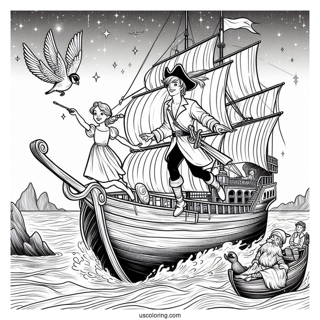 Peter Pan And Wendy Flying Over Captain Hook_s Ship Coloring Page