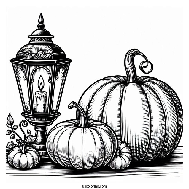 Pumpkin Coloring Page Beside A Vintage Lamp
