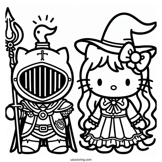 Sanrio Coloring Pages Of Hello Kitty Knight, Sorcerer My Melody, And Witch Kuromi