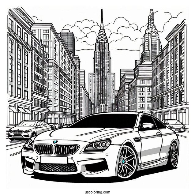M6 BMW Coloring Page In Front Of Buildings