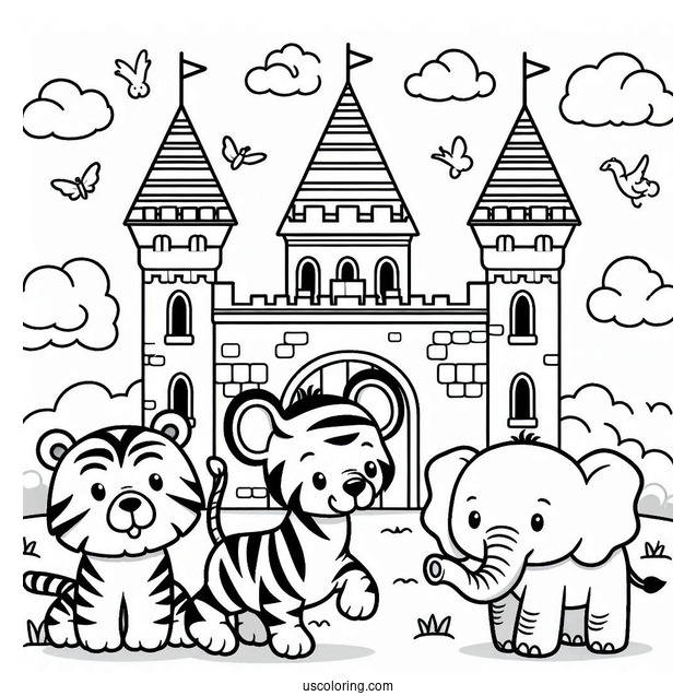 Cute Tiger, Elephant, And Zebra Outside A Castle Coloring Page For Kids