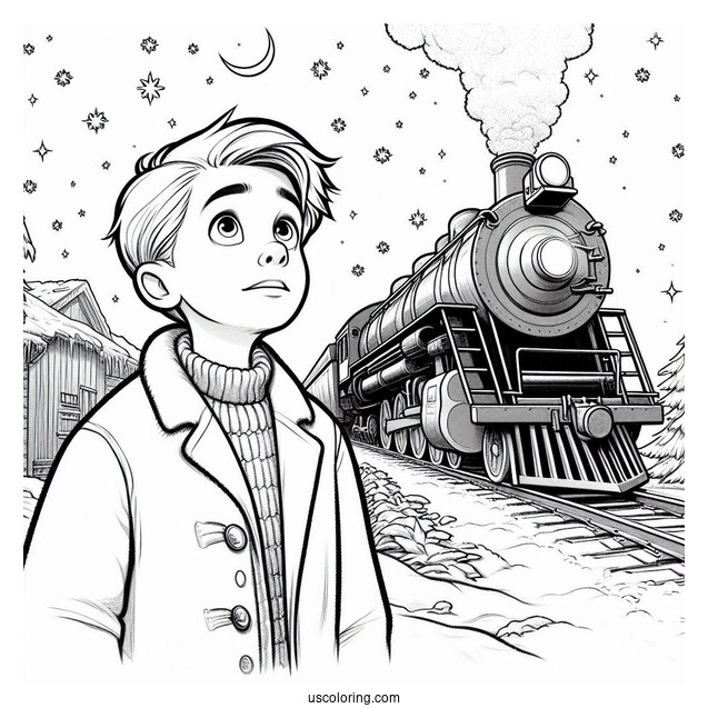 Hero Boy Staring Up At The Polar Express Coloring Page