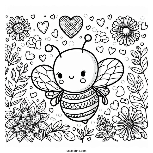 Adorable Bee Coloring Page With Love Heart And Floral Background