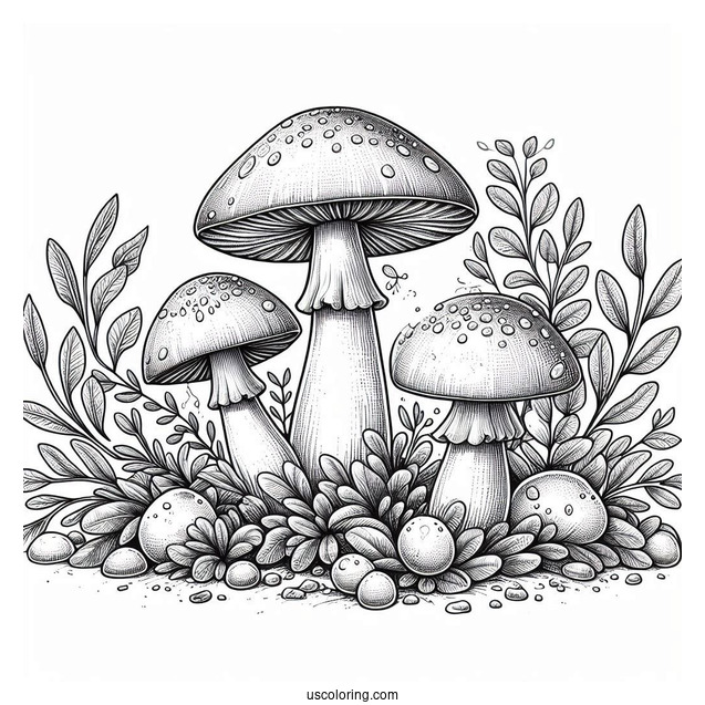 Three Realistic Mushroom Coloring Page Surrounded By Larger Plants