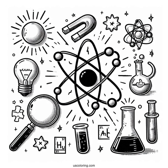 Science Coloring Page Of Elements Atom, Magnet, Test Tubes, Beaker, Light Bulb, And Magnifying Glass