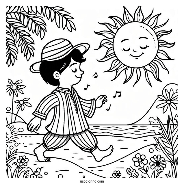 Cheerful Summer Coloring Page Of Sun Walking For Kids