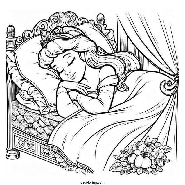 Sleeping Beauty Asleep In Bed Coloring Page